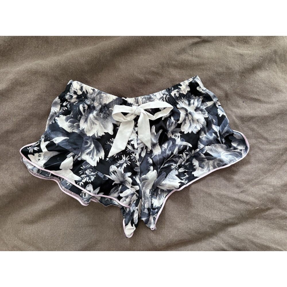 Victoria's Secret Black & White Floral Print Satin Ruffle Lounge Sleep Shorts